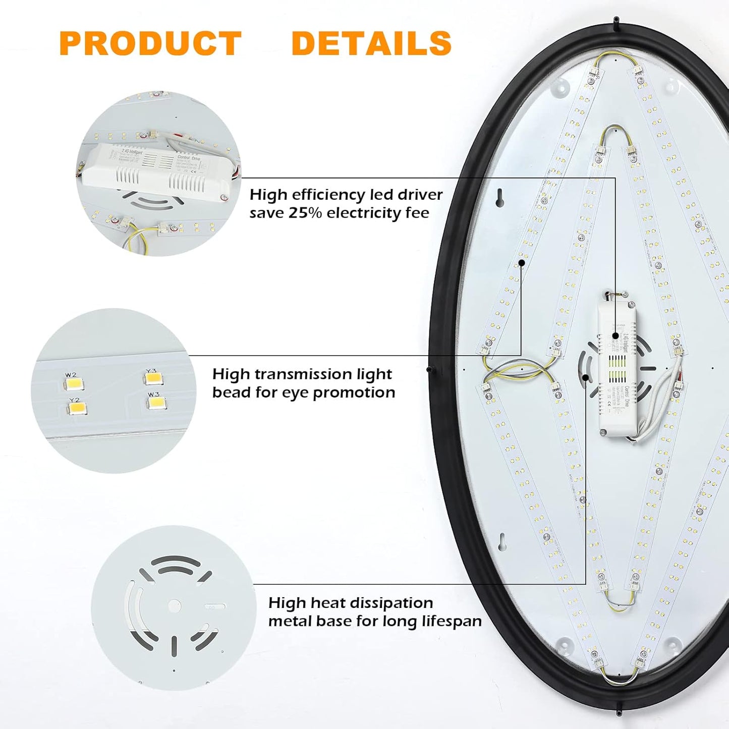 DLLT 65W Dimmable LED Flush Mount Ceiling Light with Remote, 32" Oval Black