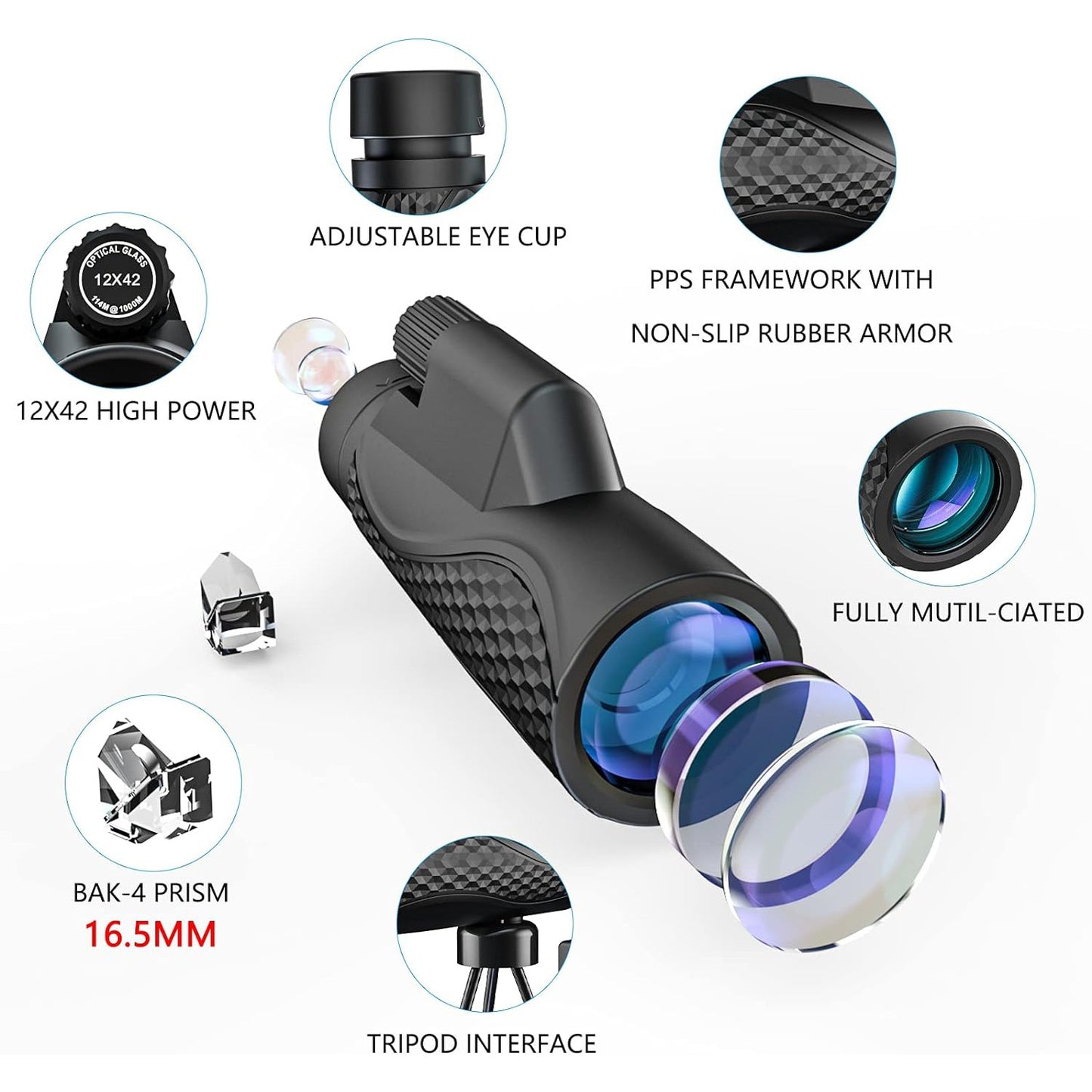 PisJugg 12x42 Monocular Telescope, Bigger Size BAK-4 Prism - T&S Outlets