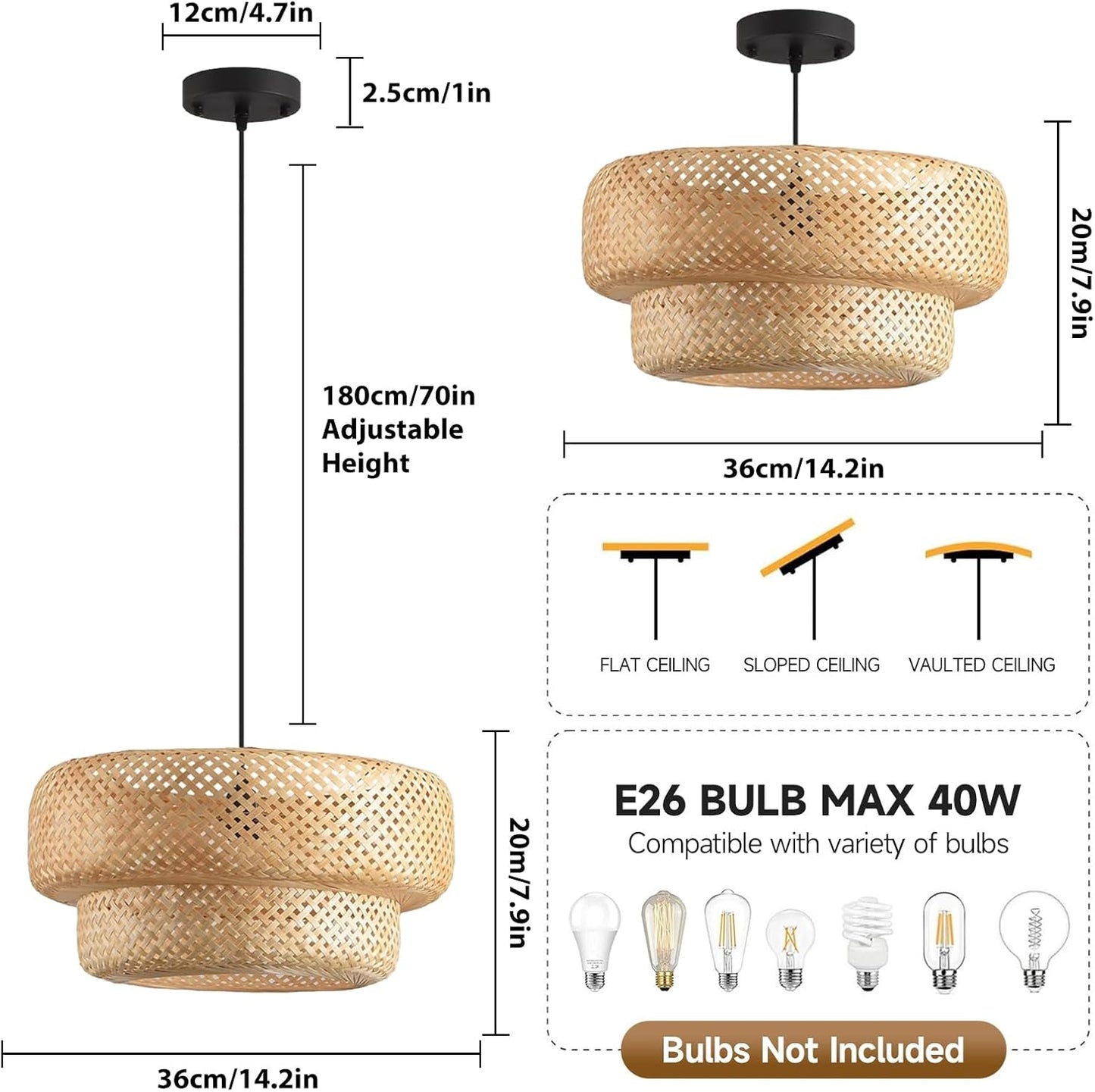 Bamboo Lights Fixtures 14.2in Rattan Pendant Light Kitchen Island 2-Tier Wicker Hanging Light