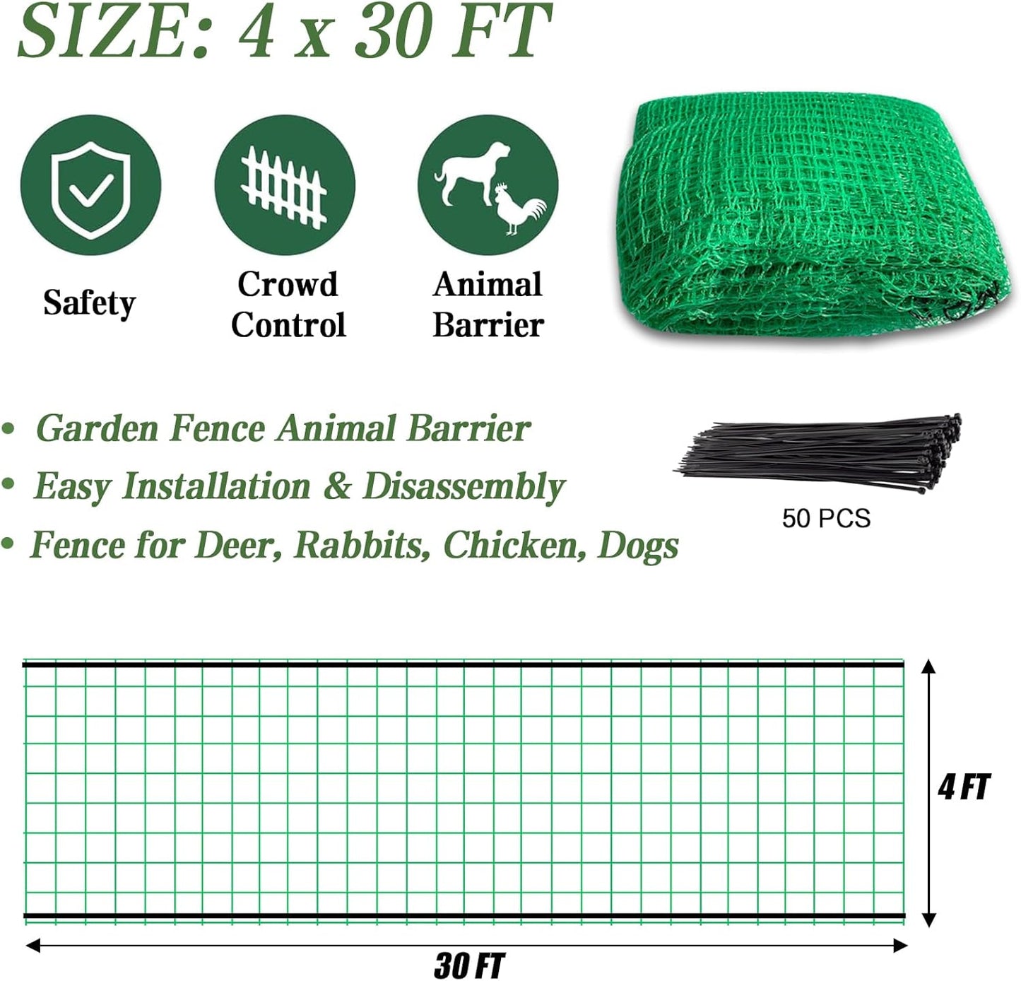 Garden Fence Temporary Fence, 4'x30' with 50 Zip Ties, Plastic Fencing Safety Fence Snow Fence