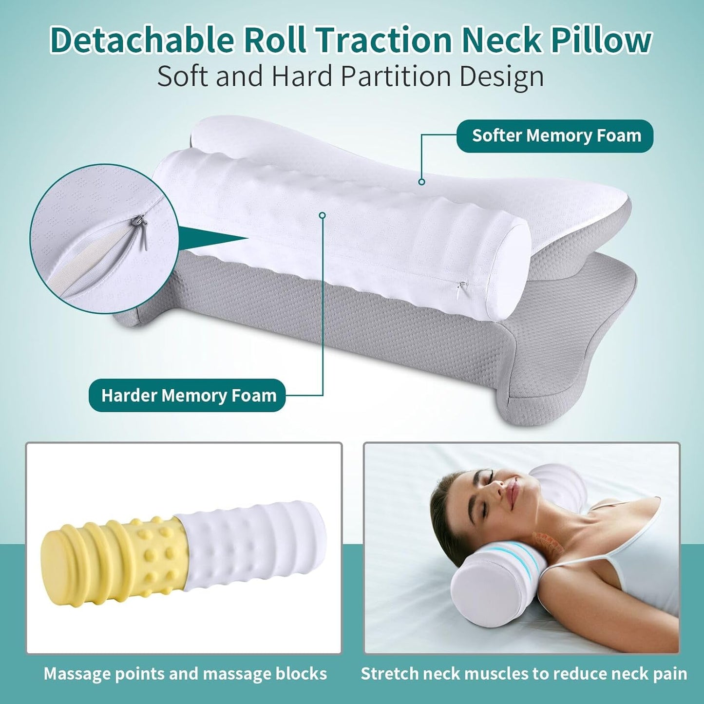 Cervical Neck Pillow and Roll Neck Pillow - 2 in 1 Removable Ergonomic Pillow