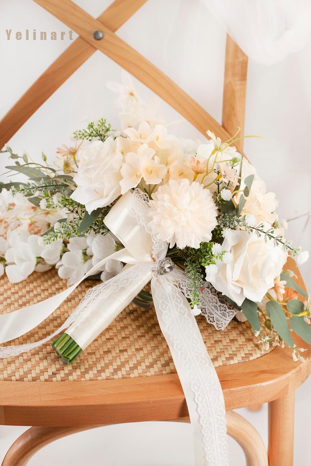 11 Inch Champagne Wedding Bouquets for Bride White Artificial Roses Flower Cascading Bridal Bouquet