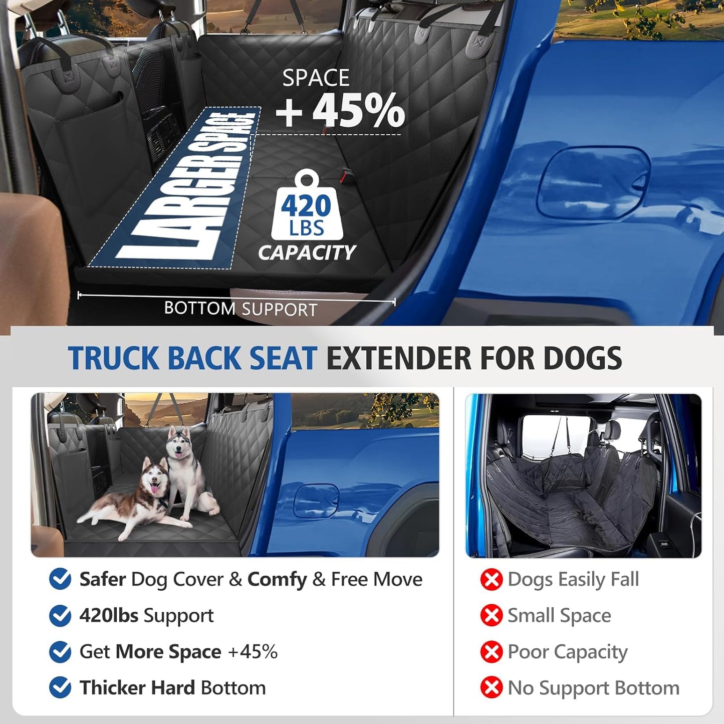 XL Truck Back Seat Extender for Dogs, Dog Seat Cover Back Seat Holds 420lbs, Hard Bottom