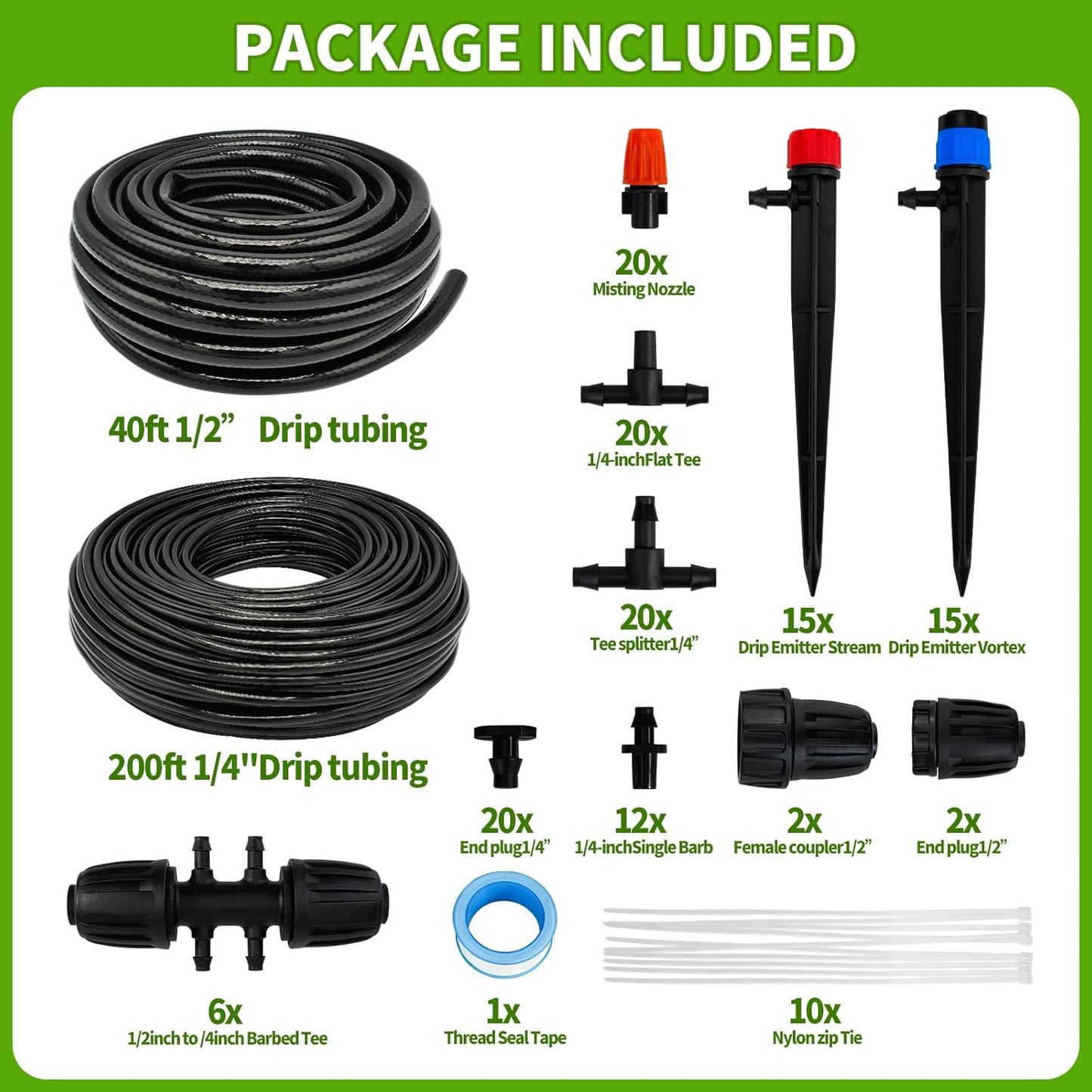 240FT Drip Irrigation System,Automatic Drip Irrigation Kit with 1/2 inch Hose 1/4 inch Distribution Tubing