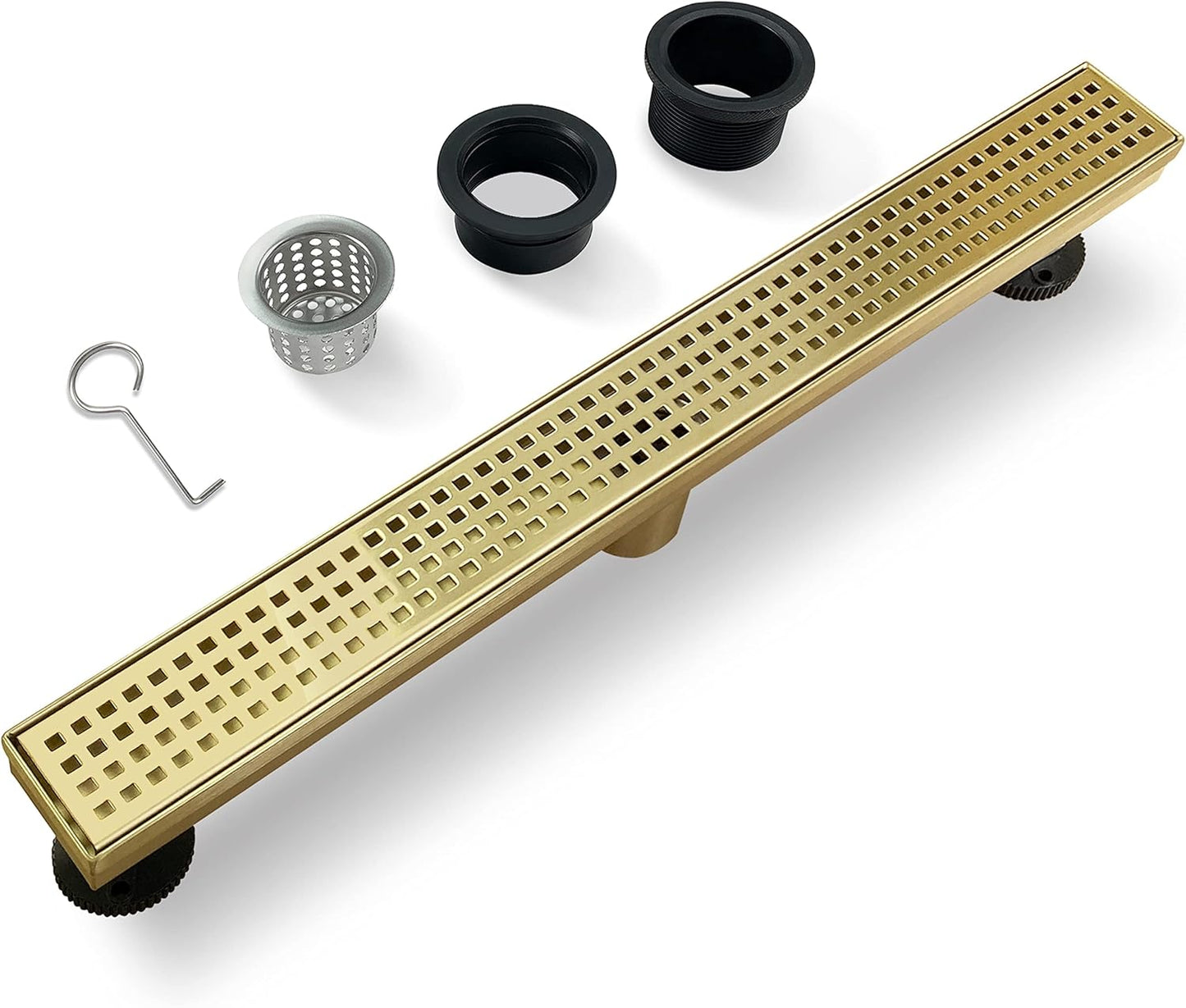24 Inch Gold Rectangular Shower Drain with Removable Quadrato Pattern Cover Grate