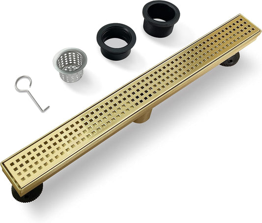 24 Inch Gold Rectangular Shower Drain with Removable Quadrato Pattern Cover Grate