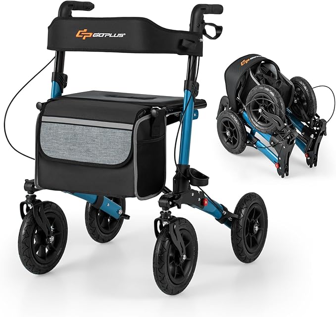 Goplus Walkers for Seniors with Seat, 2 in 1 Folding Rolling Rollator Walker with 9" Pneumatic Tires