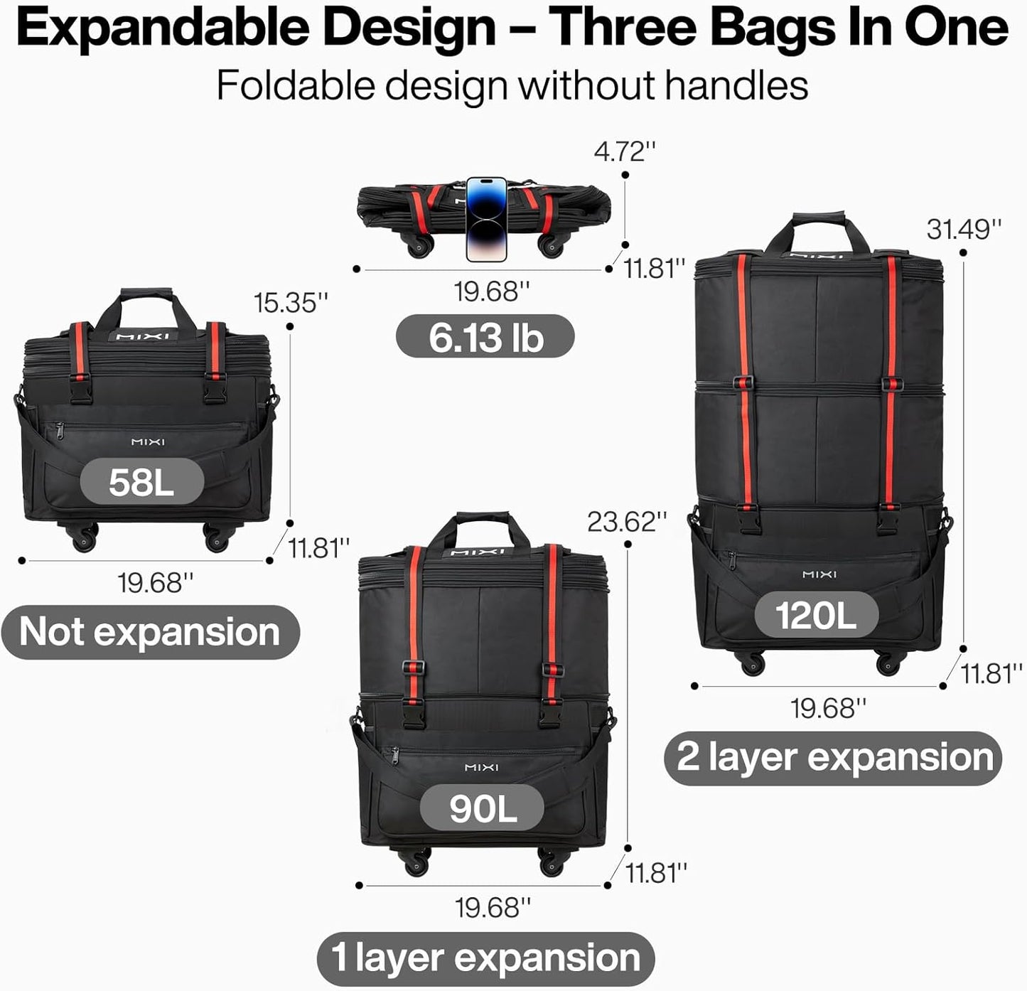 mixi Travel Bag with Wheels Expandable Foldable Luggage Bag Collapsible Rolling Travel Bag