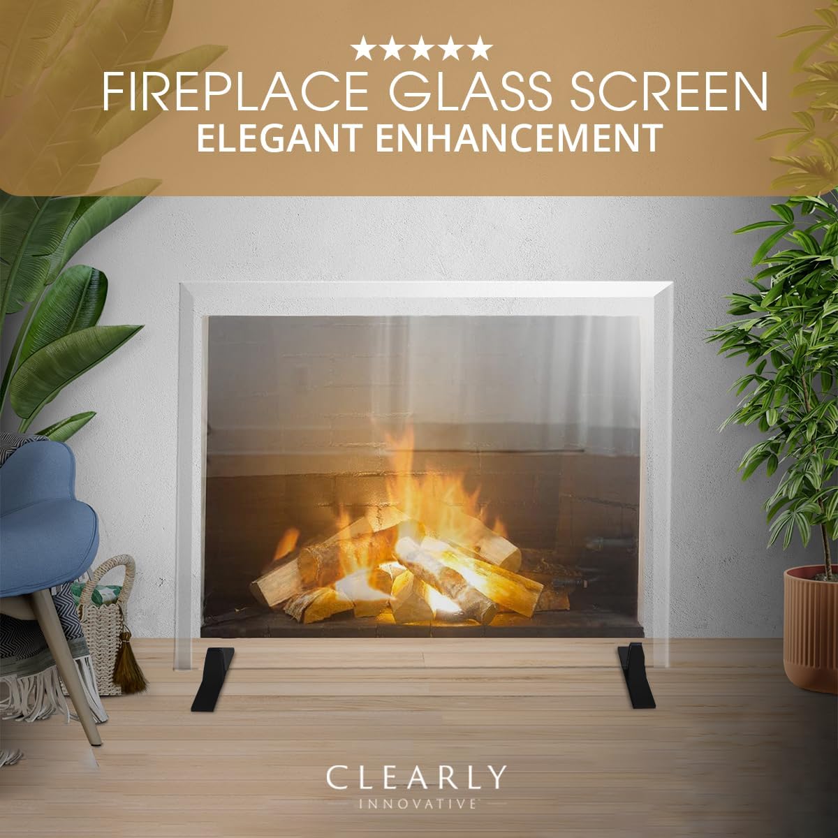 Premium Tempered Glass Fireplace Screen with Exclusive Beveled Edge | 29" H x 39" W