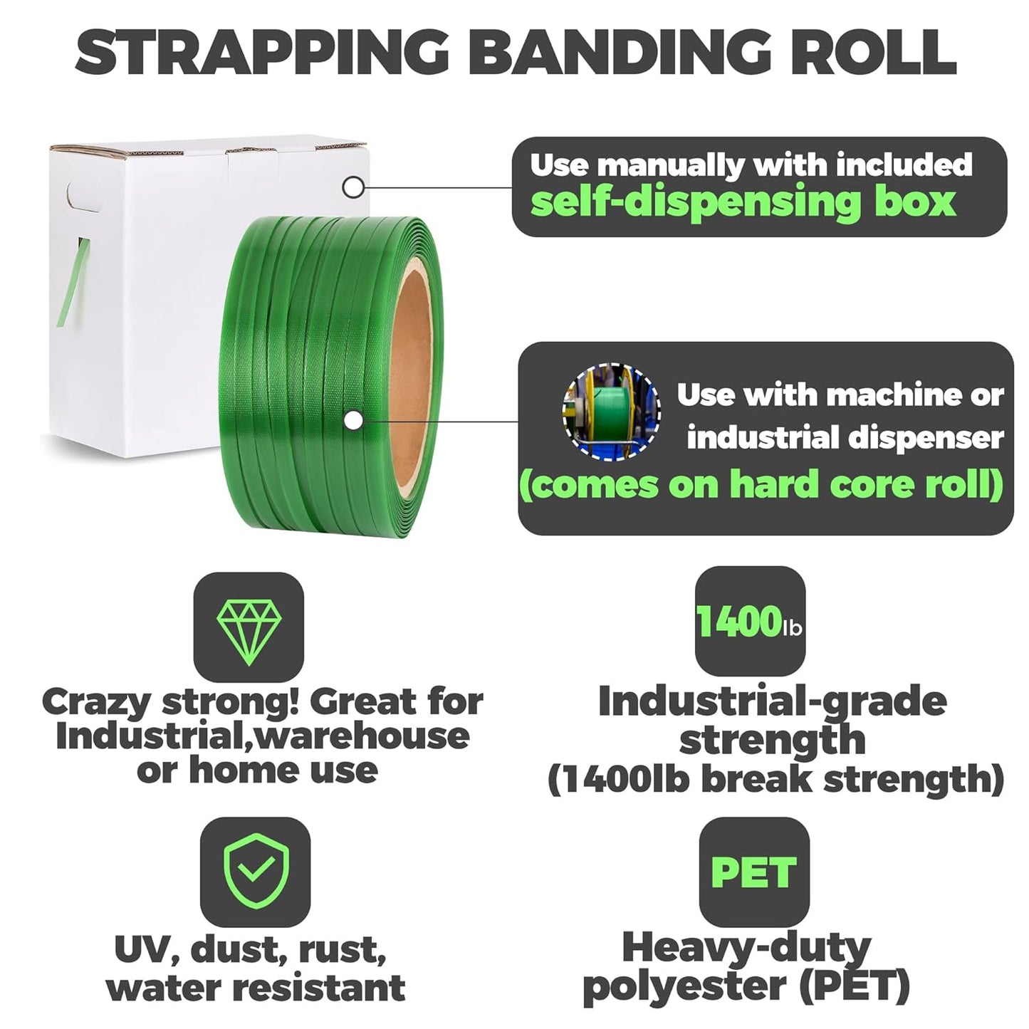 Heavy Duty Packaging Strapping Banding Roll - Green Polyester, 1000' x 5/8" x 0.035"