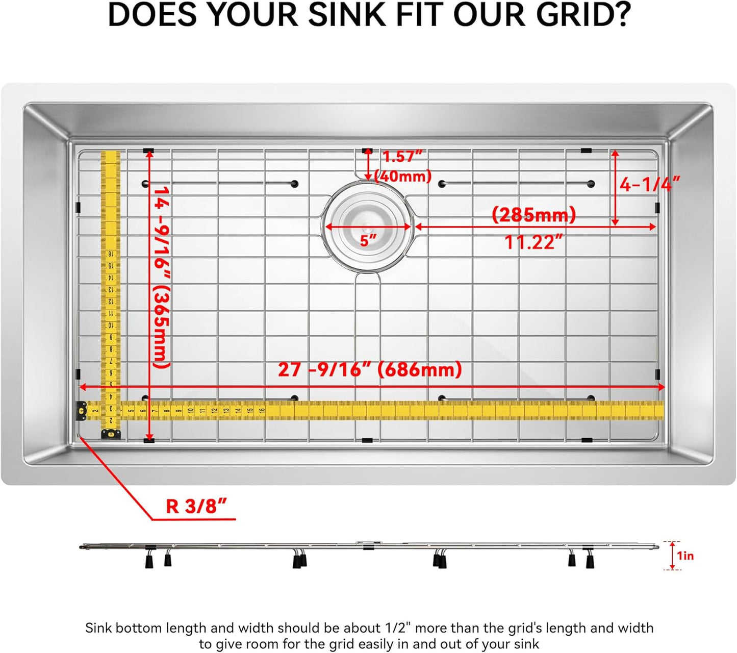Sink Protector Grid, Sink Grids for Bottom of Kitchen Sink with Corner Radius 3/16",27-9/16" x 14-9/16"