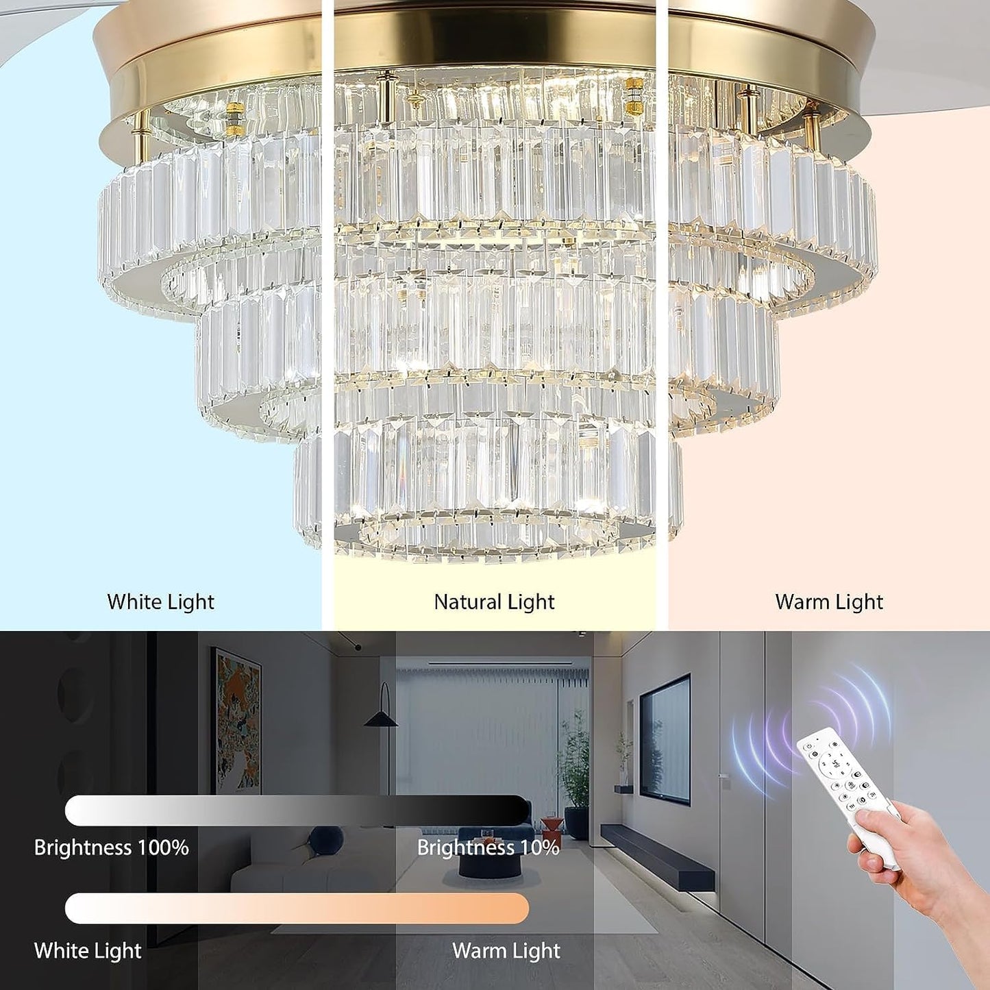 CXGLEAMING 42" Modern Crystal Ceiling Fan Fandelier Gold