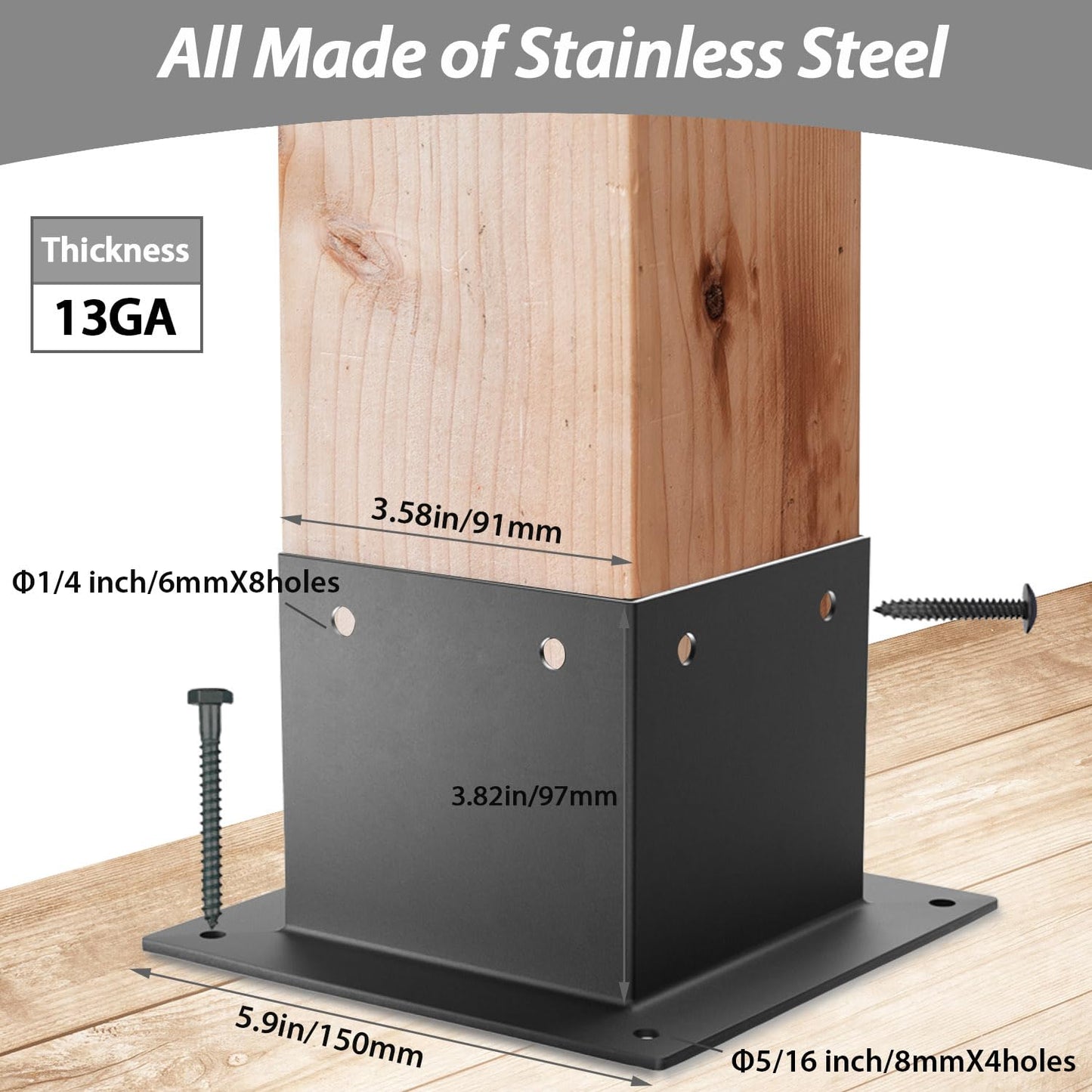 8 pcs 4x4 Stainless Steel Deck Post Base | Internal 3.5"X3.5"| 13GA Thick Matte Black - No Hardware Included