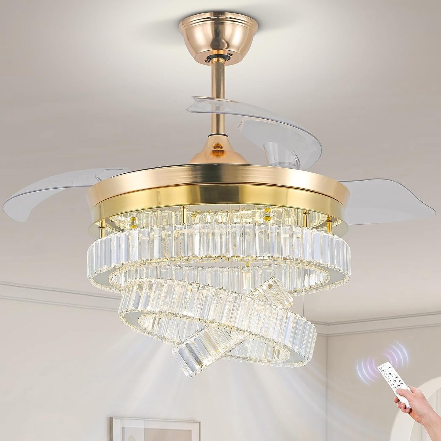 CXGLEAMING 42" Modern Crystal Ceiling Fan Fandelier Gold