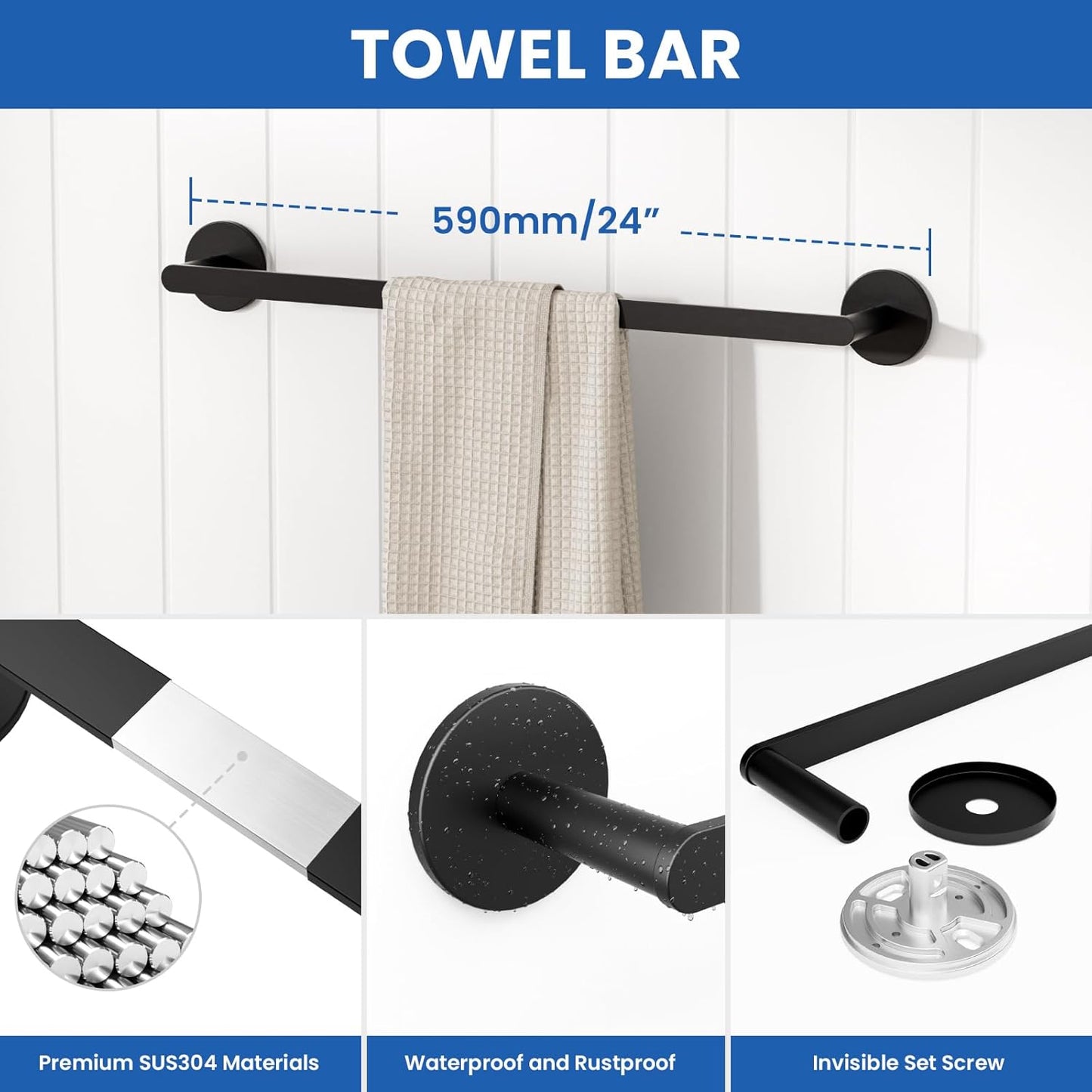 Towel Bar for Bathroom Wall Mounted, Stainless Steel 24 Inch Modern Towel Rack