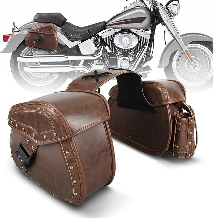 NICECNC Motorcycle Saddle Bags, PU leather Motorcycle Saddlebags, Reinforced Straps & Saddle Piece