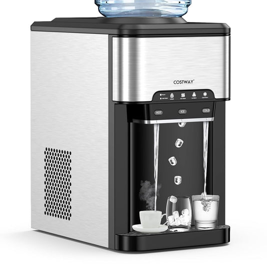 COSTWAY Countertop Water Dispenser with Ice Maker, 3-in-1 Portable Hot Cold Dispenser