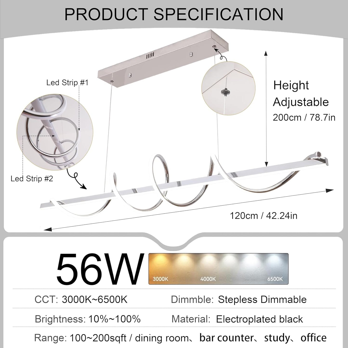 Modern LED Pendant Light Fixture, 47.24inch Light Fixtures Dimmable w/ Remote 3000K-6500K