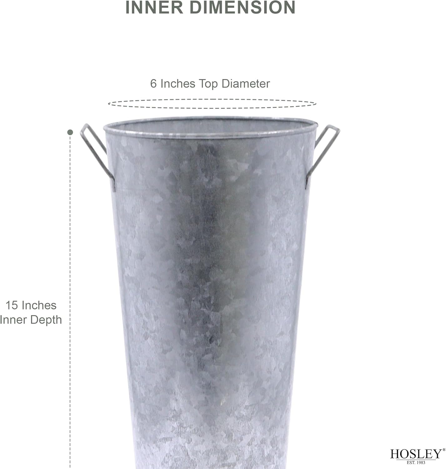 Hosley Galvanized French Bucket Vase with Handles 6" Dia x 15" H