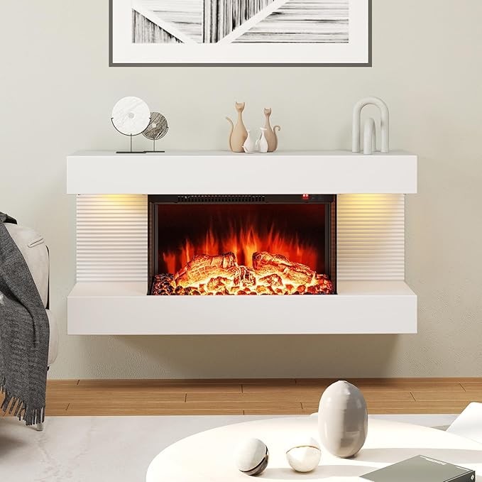 COSTWAY 3-Sided View Electric Fireplace with Floating Mantel 32-inch Wide