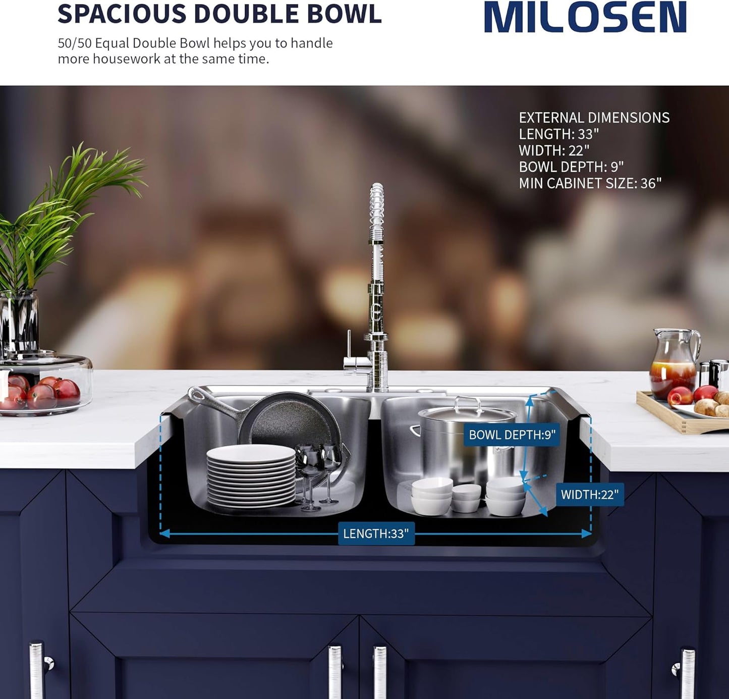 MILOSEN Double Bowl Kitchen Sink 33 x 22 x 9 Inch, Drop in