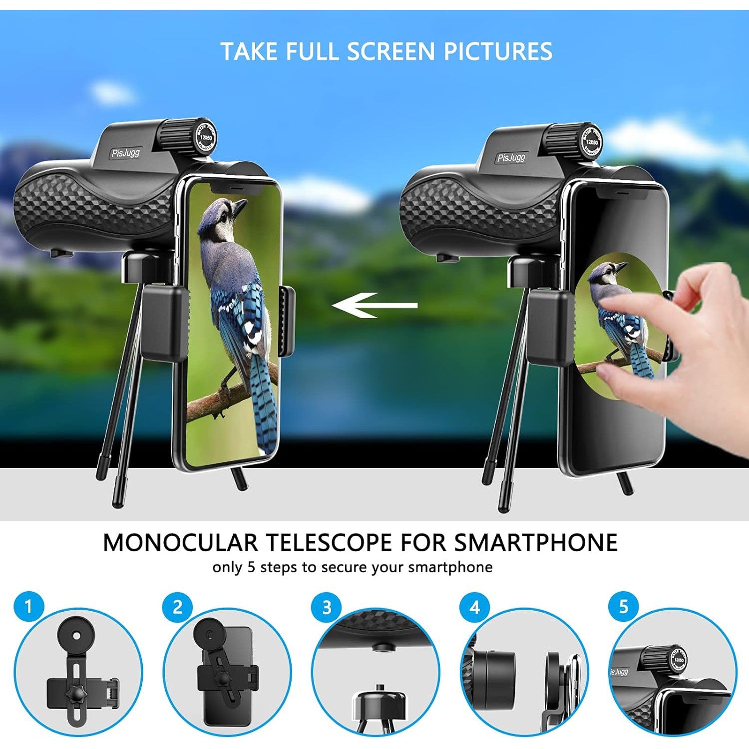 PisJugg 12x42 Monocular Telescope, Bigger Size BAK-4 Prism - T&S Outlets