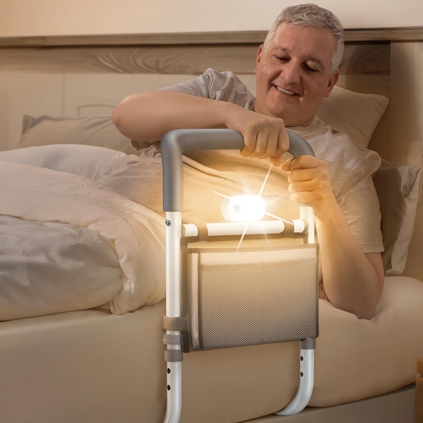 Adjustable Bed Rails for Elderly Adults with Night Light & Bag, Bed Assist Rail with Double Crossbar