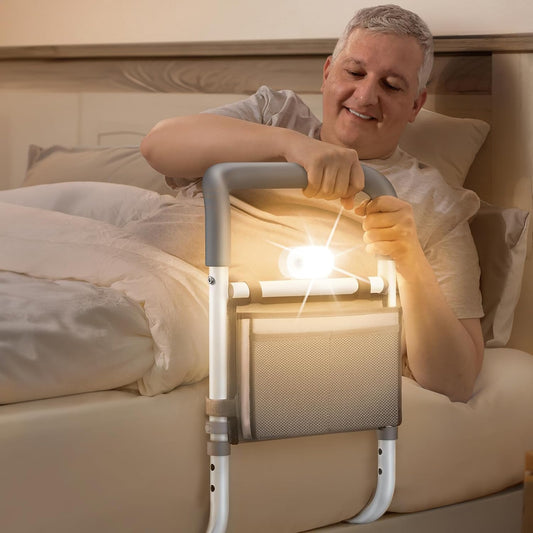Adjustable Bed Rails for Elderly Adults with Night Light & Bag, Bed Assist Rail with Double Crossbar