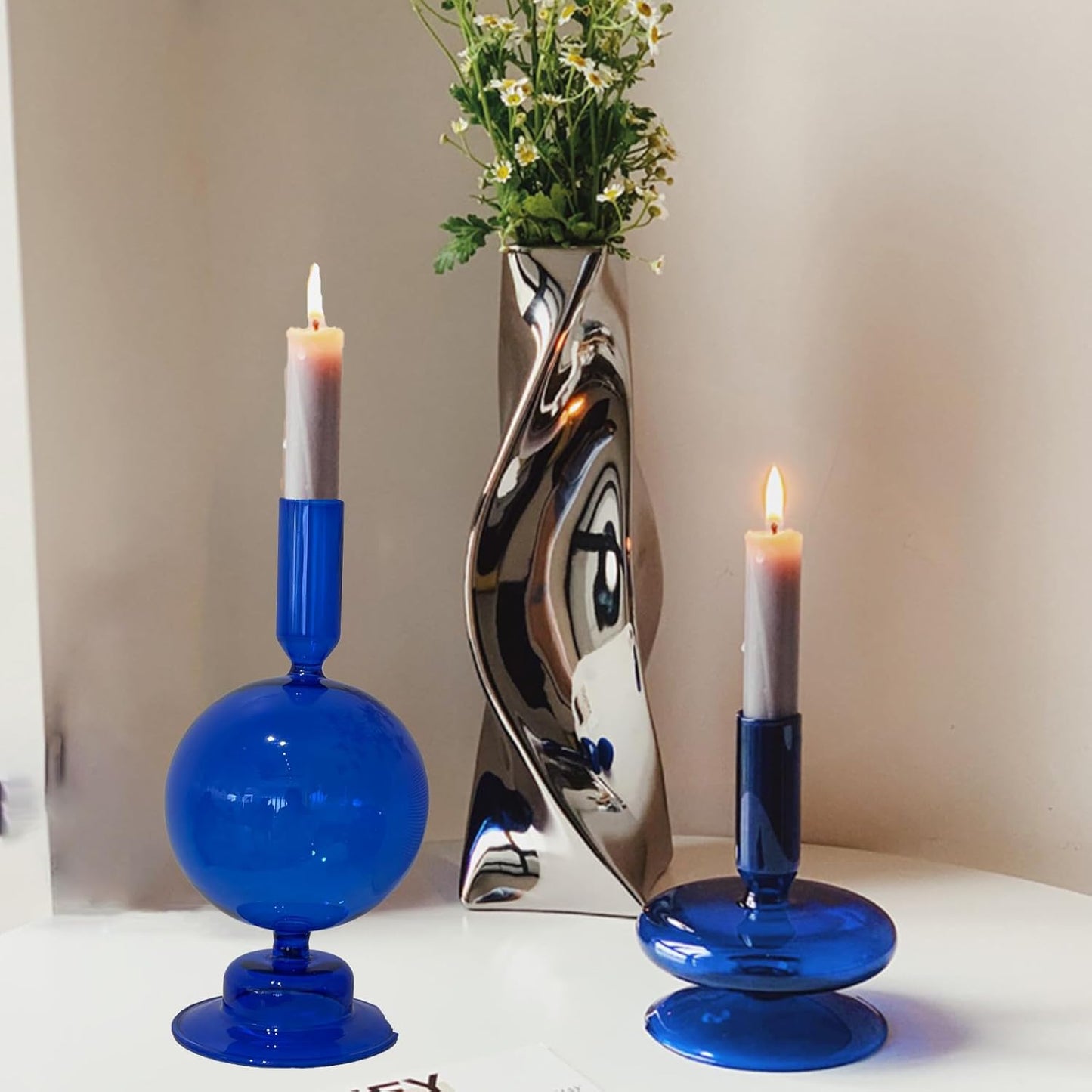 Glass Candle Holders for Table Centerpiece Blue Taper Candle Holders