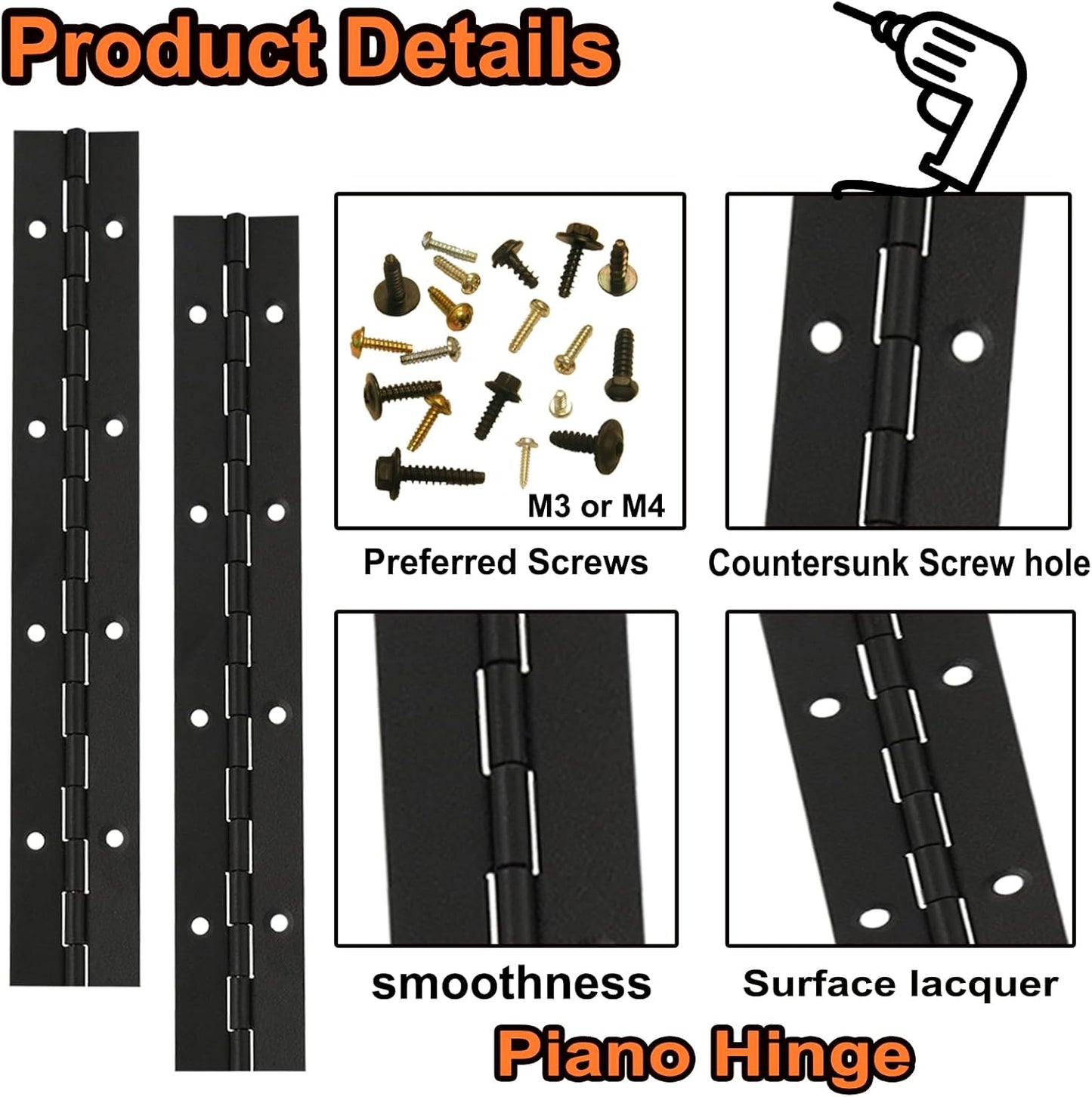 4 Pack 8 Inch Continuous & Piano Hinges, Complete Line Black Stainless Steel 304