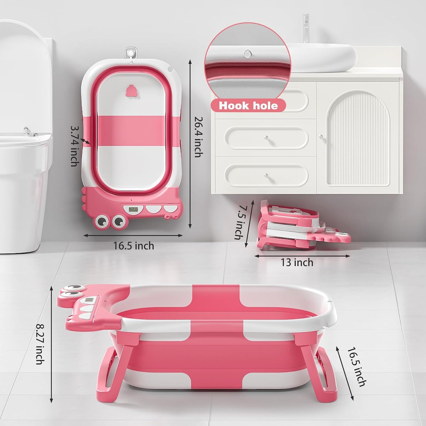 Collapsible Baby Bathtub for Newborn, Foldable Baby Bath Tub with Thermometer