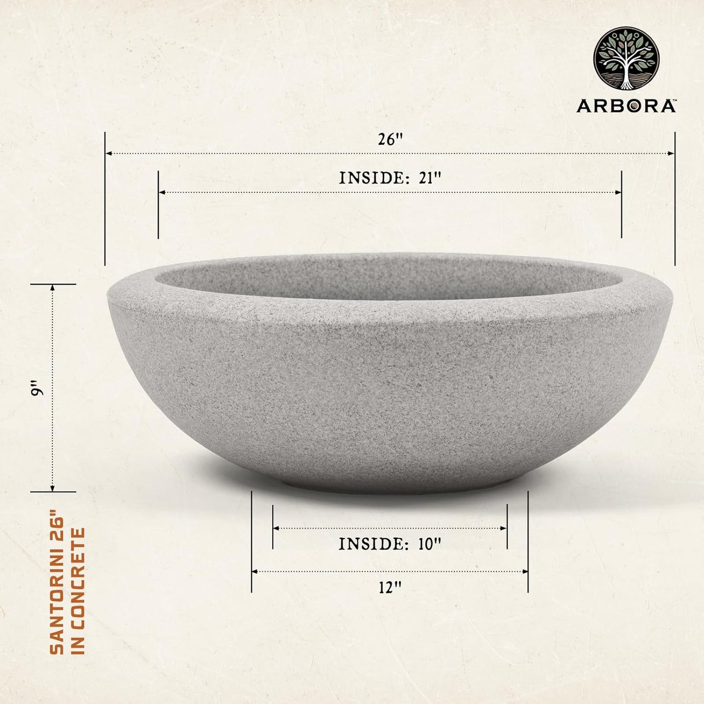 ARBORA 26" Santorini Bowl Polyresin Indoor and Outdoor Planter with Stone Blend Concrete Gray Finish