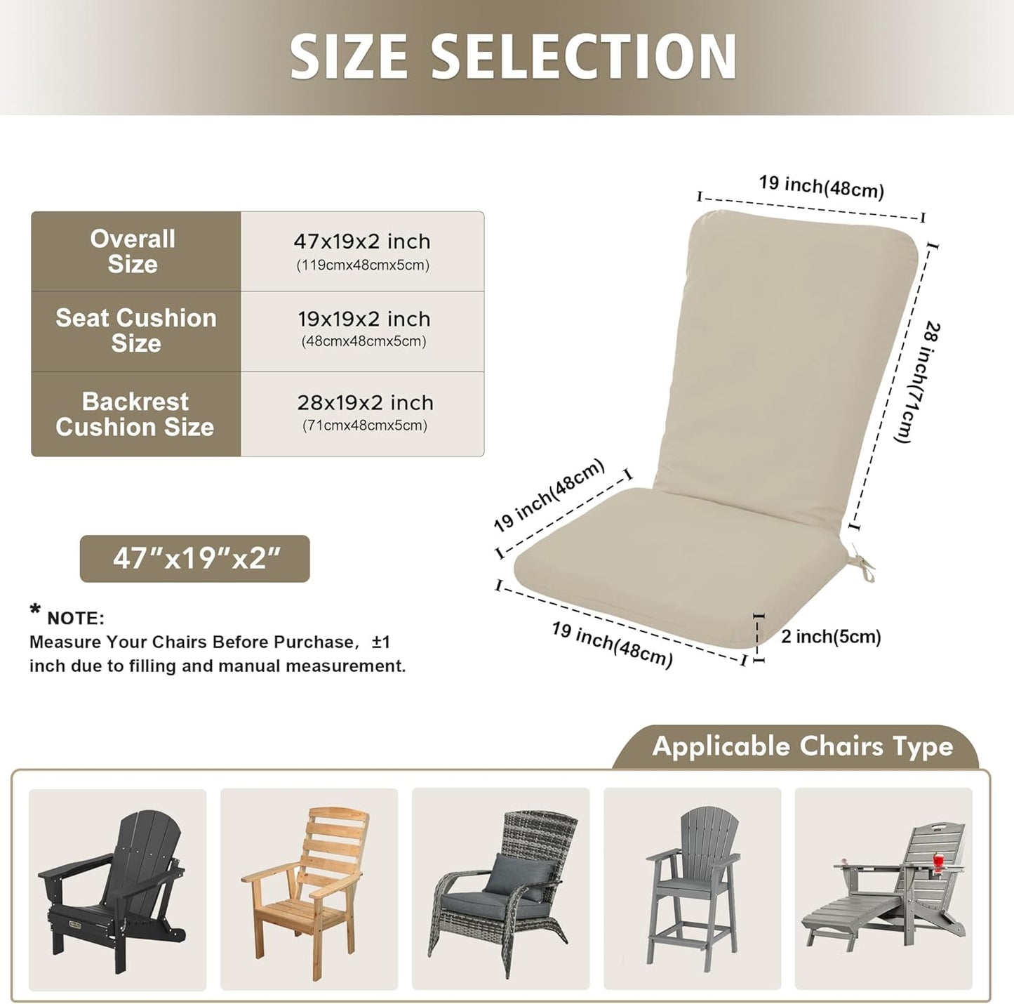 Adirondack Chair Cushion Set of 2-19''x19'' Seat & 19''x28'' Back