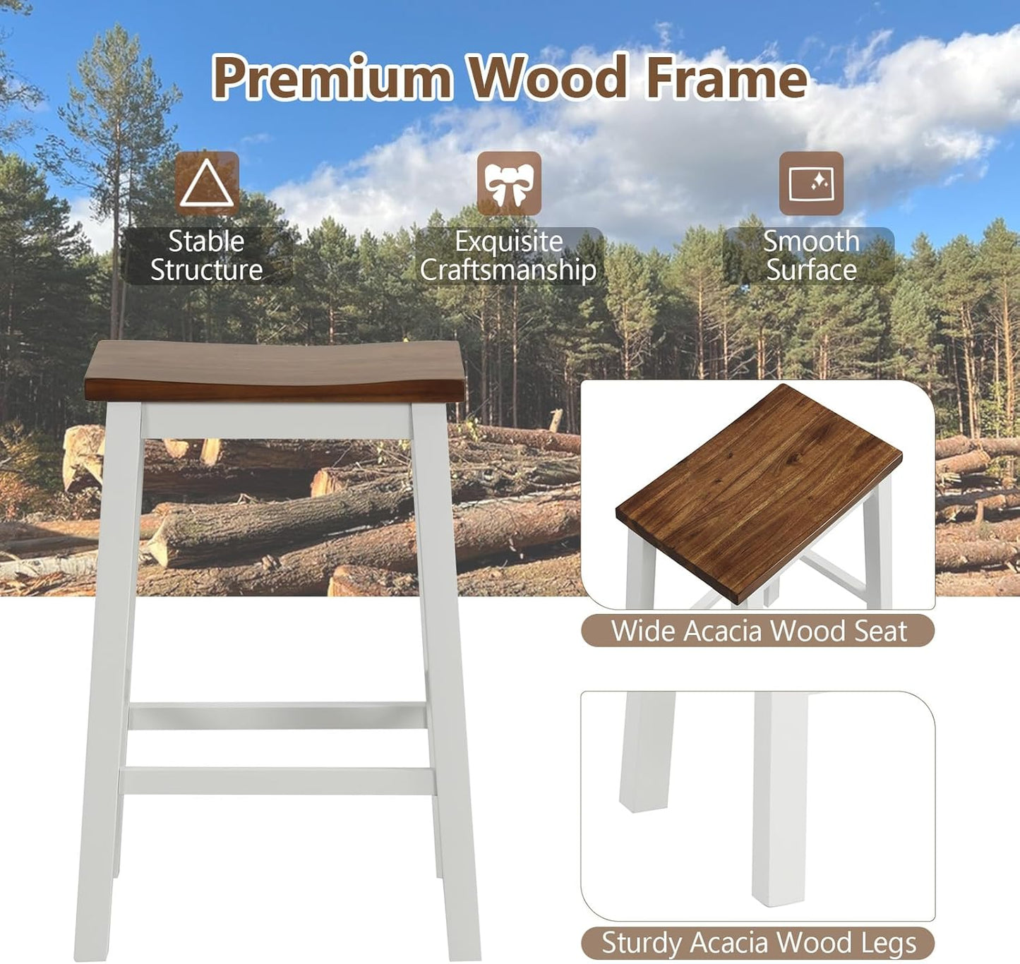 COSTWAY 24.5 Inch Bar Stools Set of 2, Solid Wood Saddle Stools w/Footrests