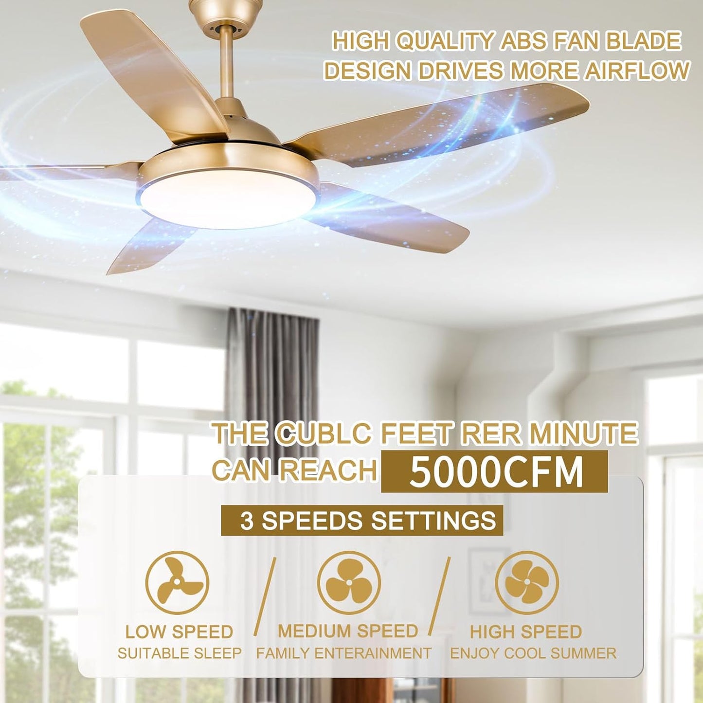 Gold Ceiling Fans with Light Remote Control, 52 Inch Champagne Gold Chandelier with LED Kit