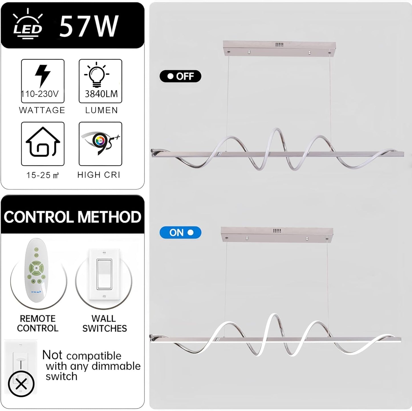 Modern LED Pendant Light Fixture, 47.24inch Light Fixtures Dimmable w/ Remote 3000K-6500K