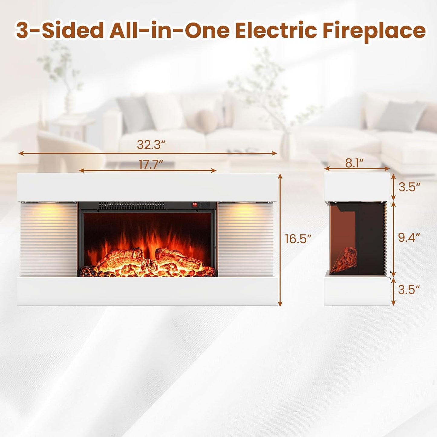 COSTWAY 3-Sided View Electric Fireplace with Floating Mantel 32-inch Wide