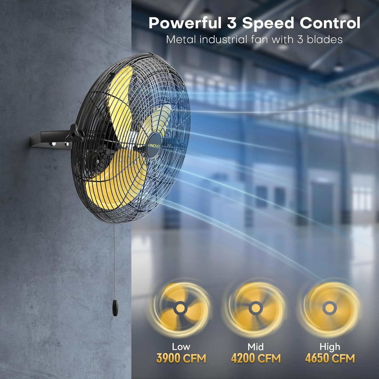 18 Inch Industrial Wall Fan, 4800 CFM Metal Wall Mount Fans with Powerful Motor, 3 Speed