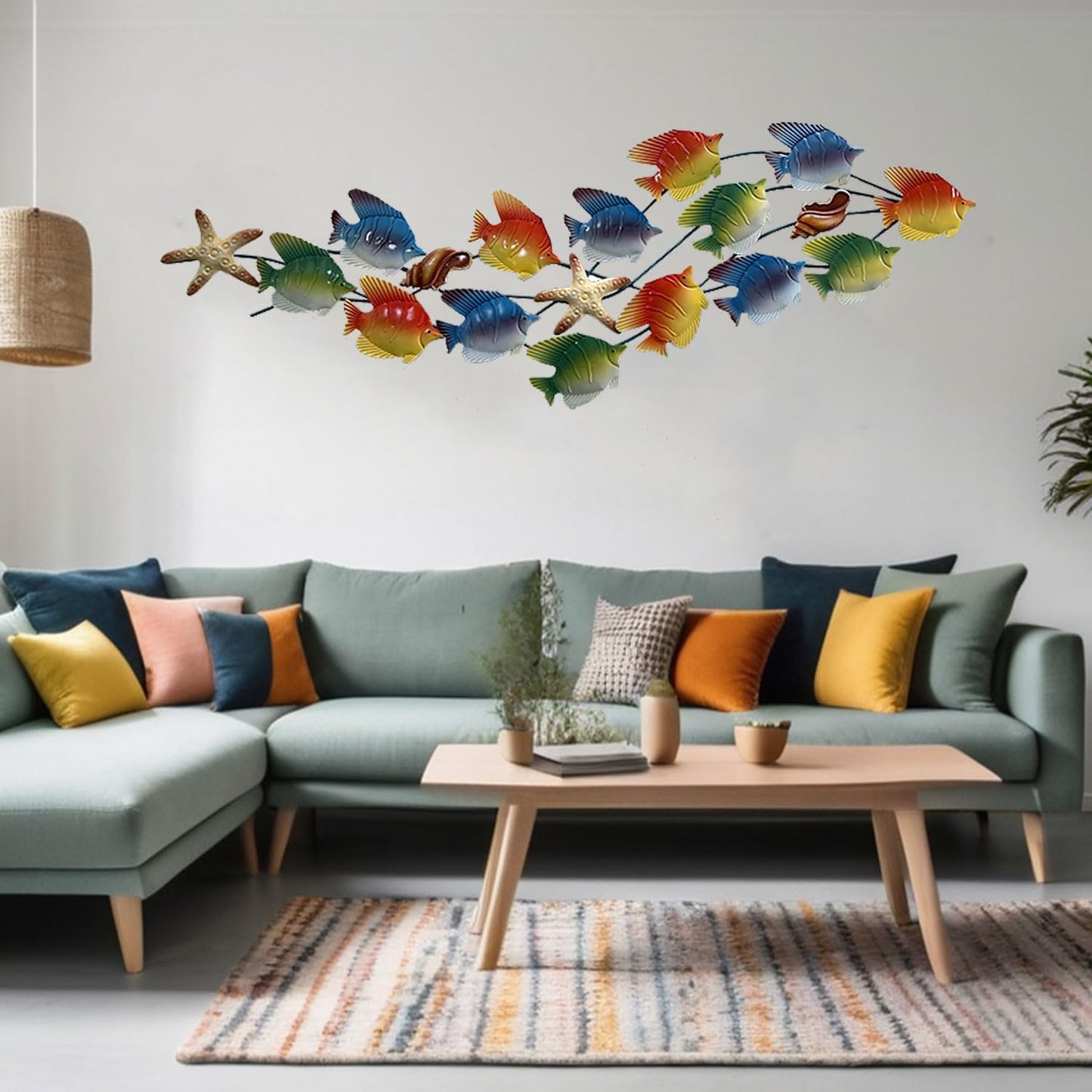 metal fish wall decor,59''X19.6'' school of 14 fish metal wall art