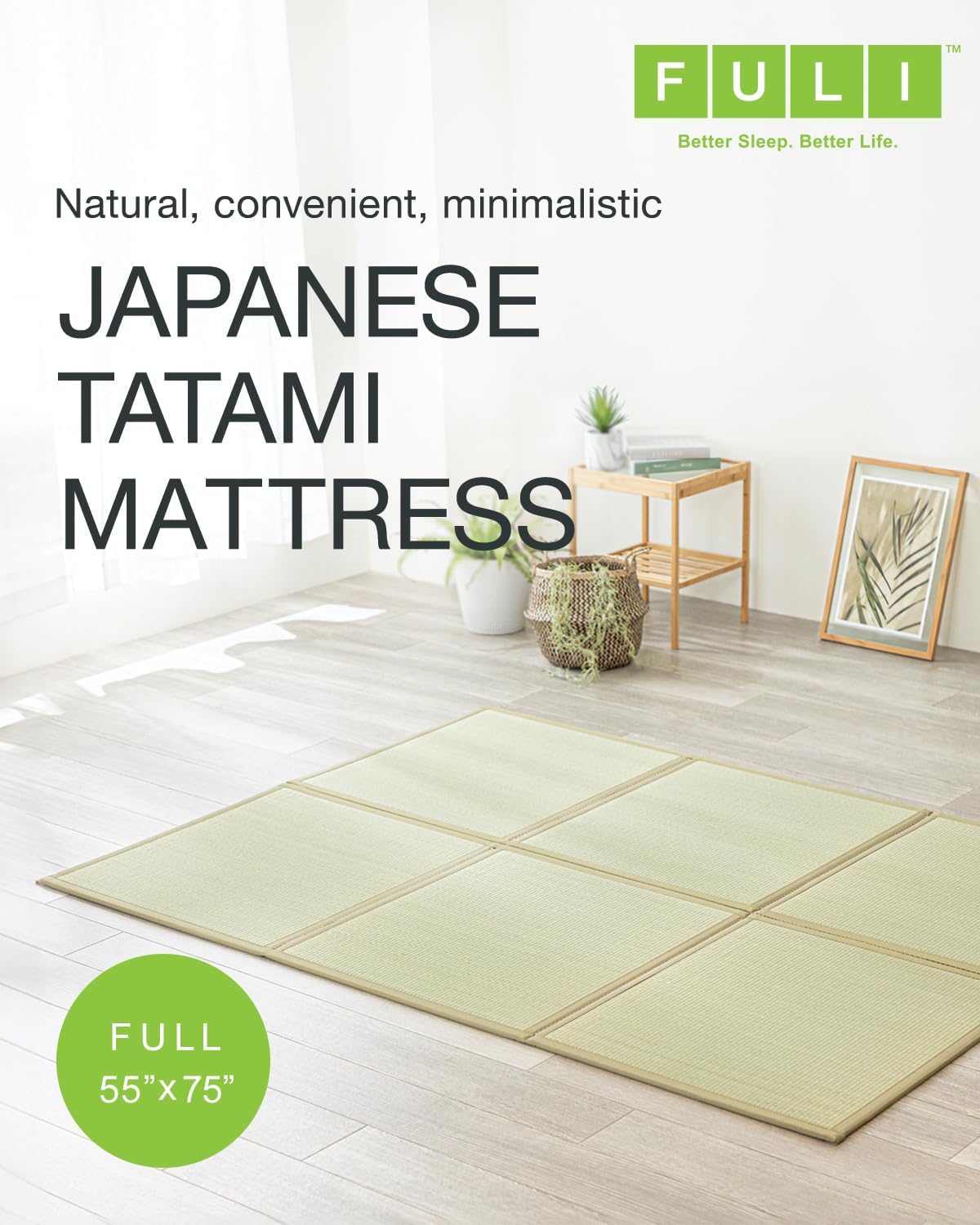 FULI Japanese Tatami Mattress, Igusa Mat (Japanese Rush Grass) Foldable, (Natural, Full)