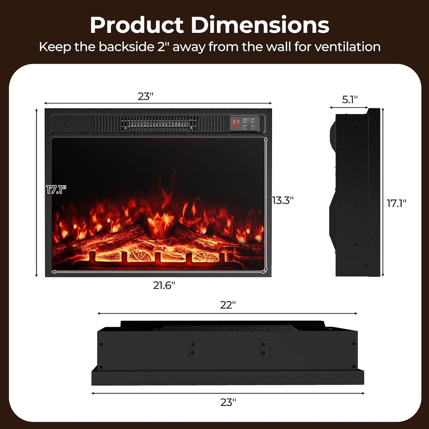COSTWAY 23 Inches Electric Fireplace Insert, 750W/1500W Fireplace Heater with Remote Control