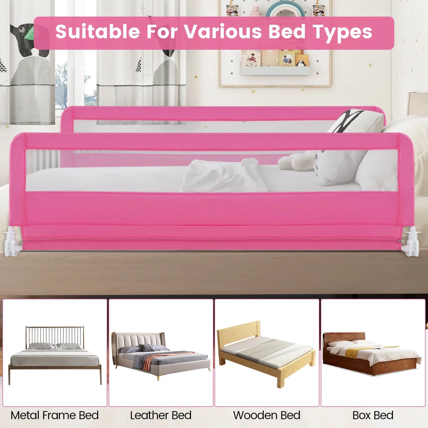 Babyjoy 71" Long Bed Rail for Toddlers with Removable Cover Breathable Mesh & Crossbar Pink