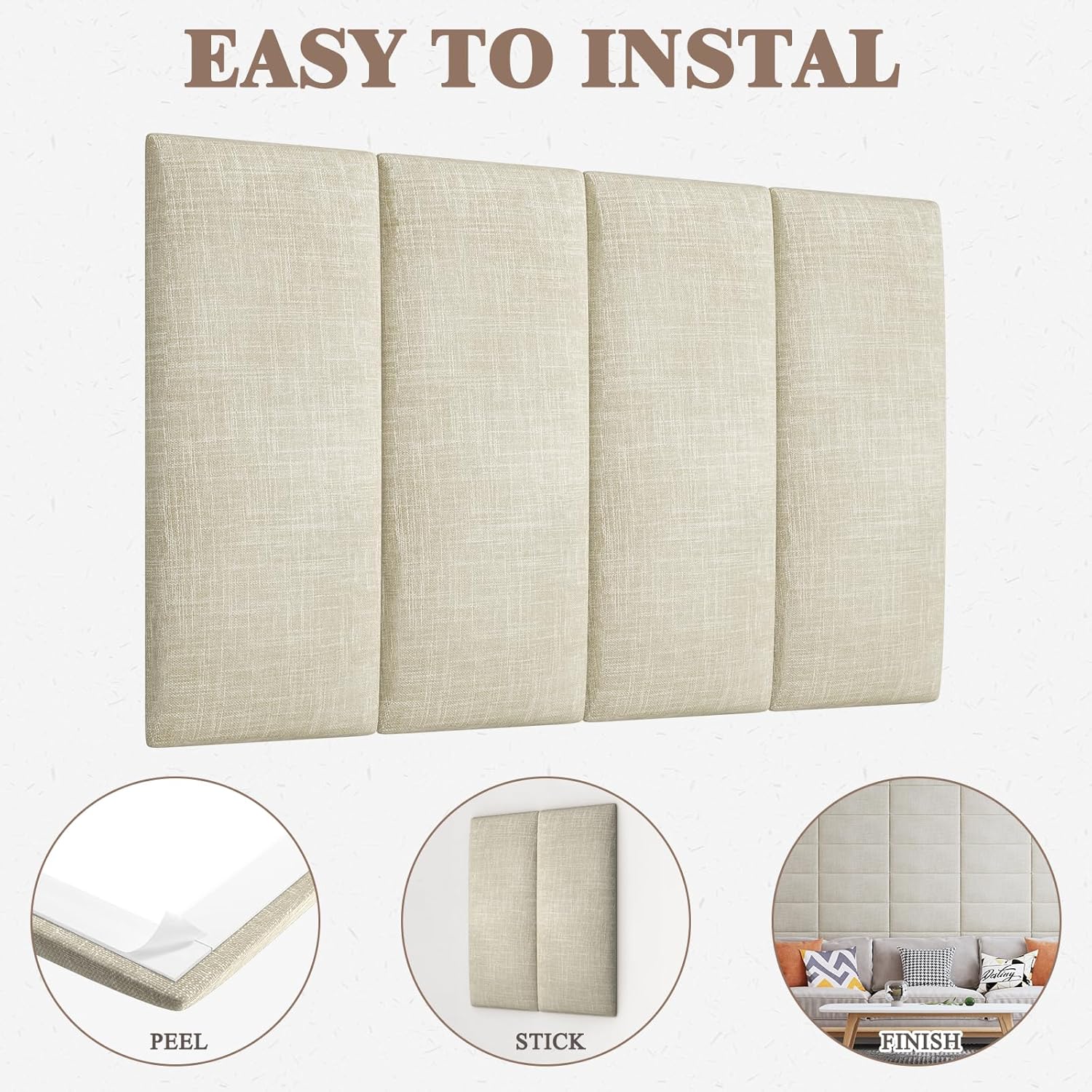 A wall-mounted, peel and stick queen headboard in beige color, with a close-up of the peel side, the stick side, and the finished installed headboard in a bedroom setting.