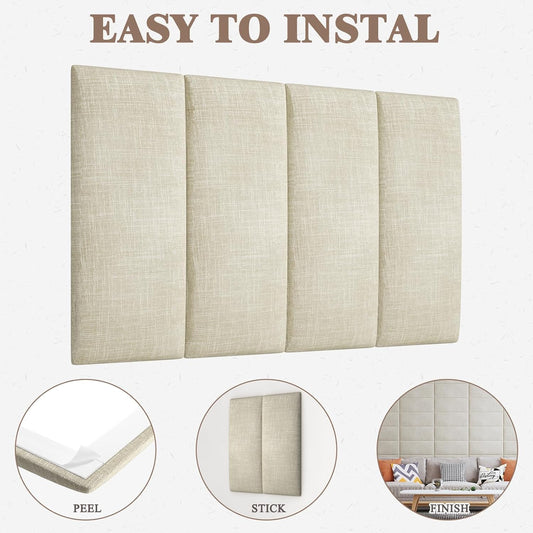 A wall-mounted, peel and stick queen headboard in beige color, with a close-up of the peel side, the stick side, and the finished installed headboard in a bedroom setting.