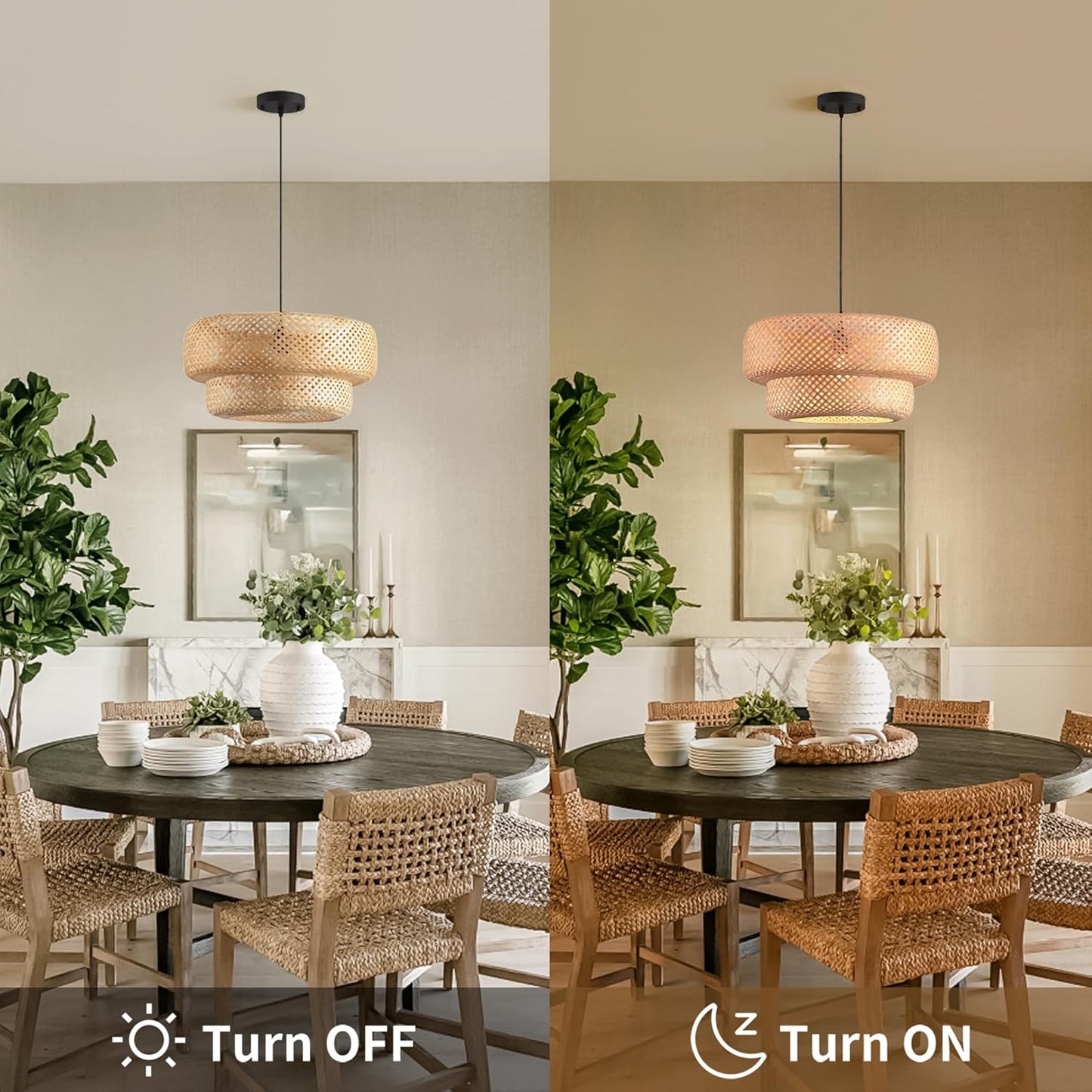 Bamboo Lights Fixtures 14.2in Rattan Pendant Light Kitchen Island 2-Tier Wicker Hanging Light