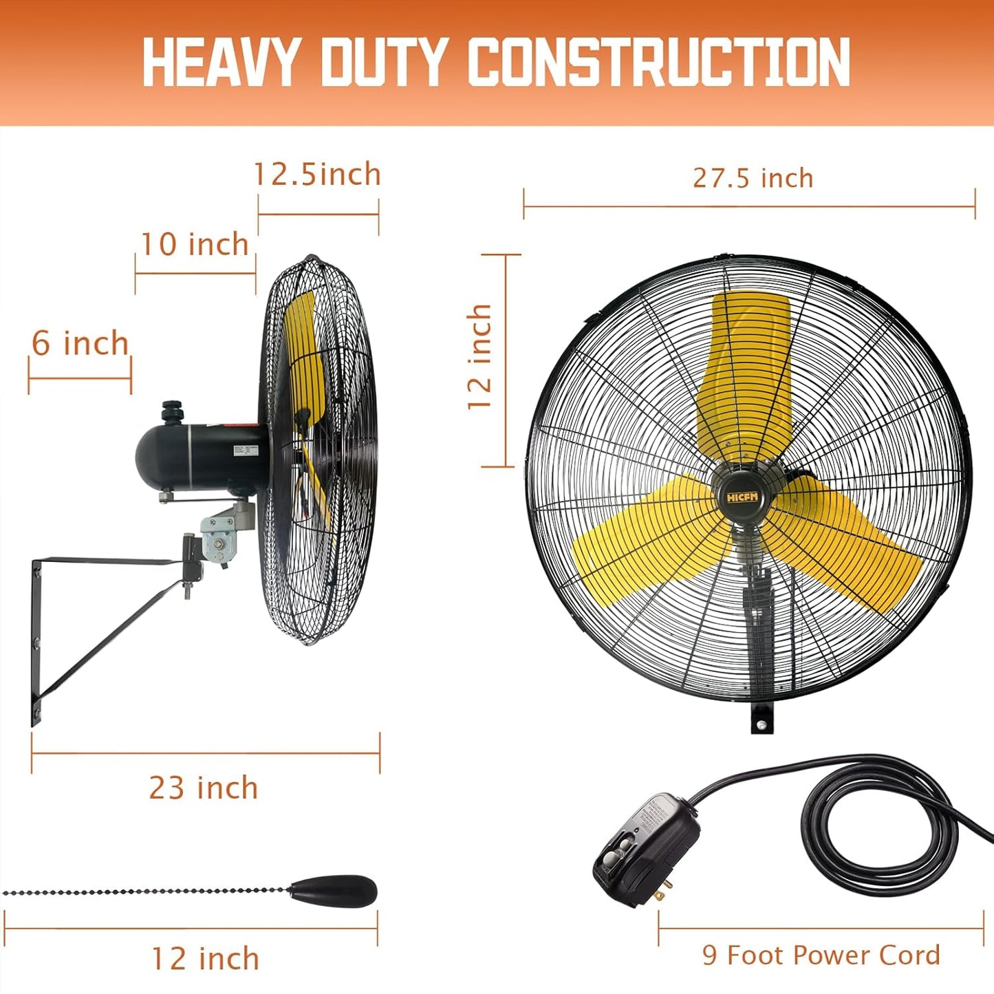 HiCFM 24" Oscillating Wall Fan, 8900 CFM High Velocity Industrial Wall Mounted Heavy Duty