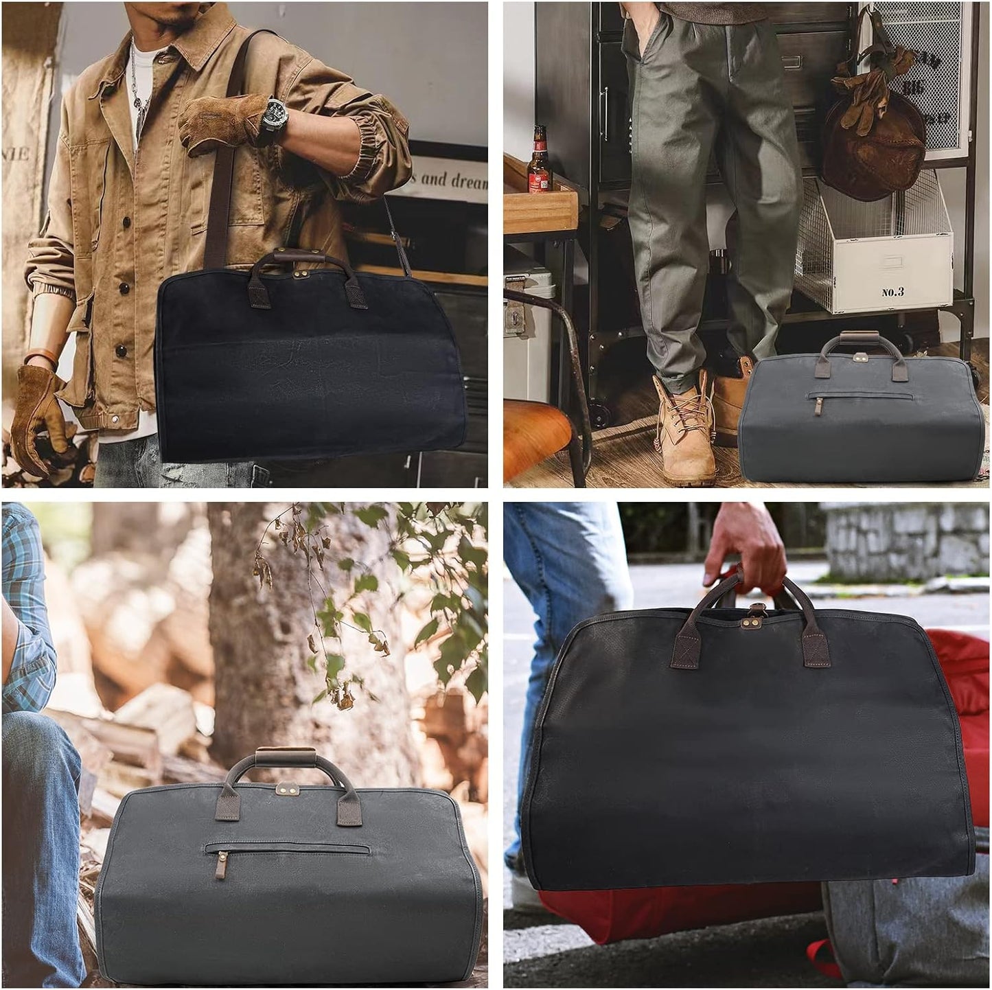 2 in 1 Canvas Leather Suit Luggage Garment Bag with Shoulder Strap for Travel (Waxed Black)
