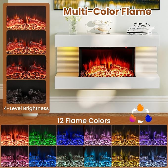 COSTWAY 3-Sided View Electric Fireplace with Floating Mantel 32-inch Wide