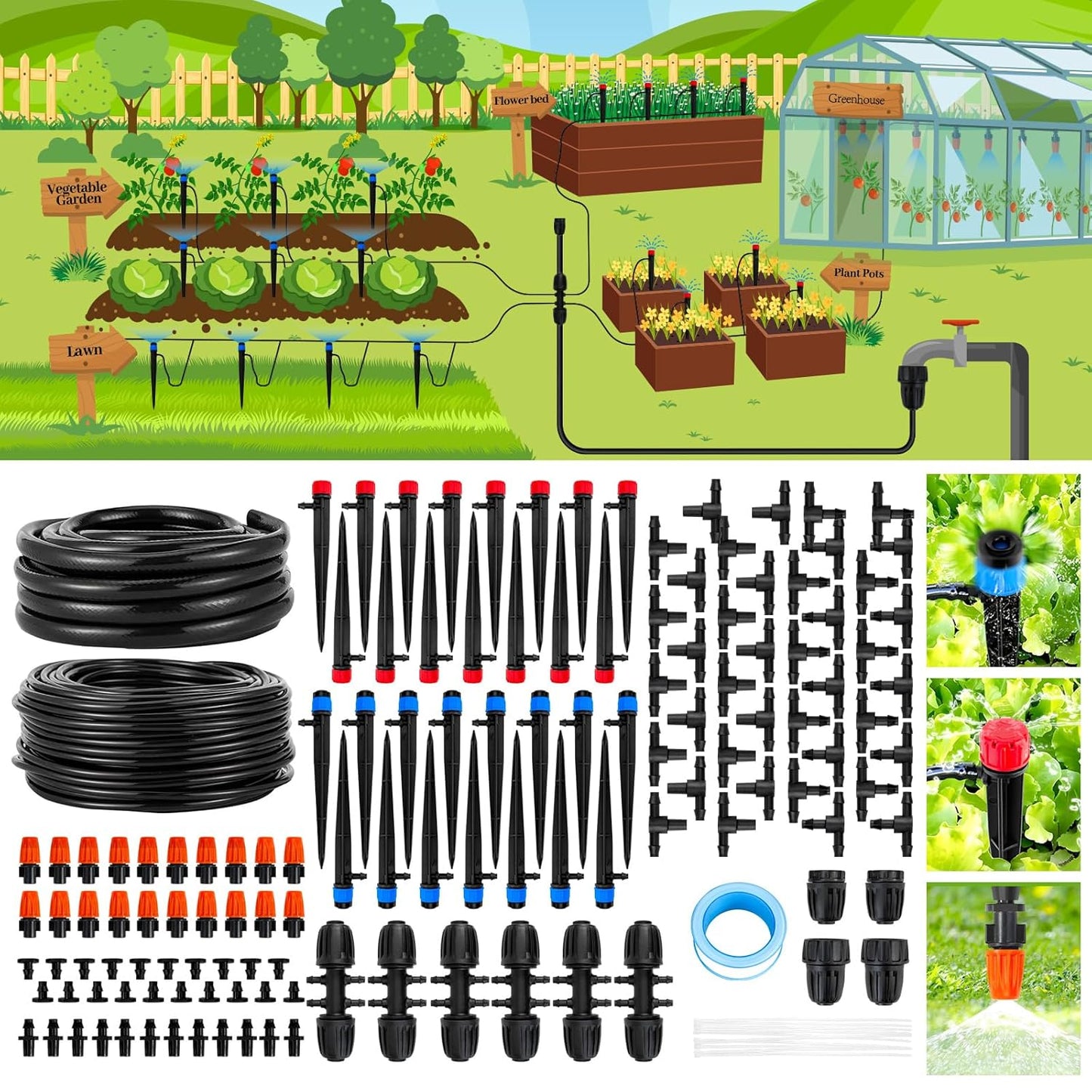 240FT Drip Irrigation System,Automatic Drip Irrigation Kit with 1/2 inch Hose 1/4 inch Distribution Tubing