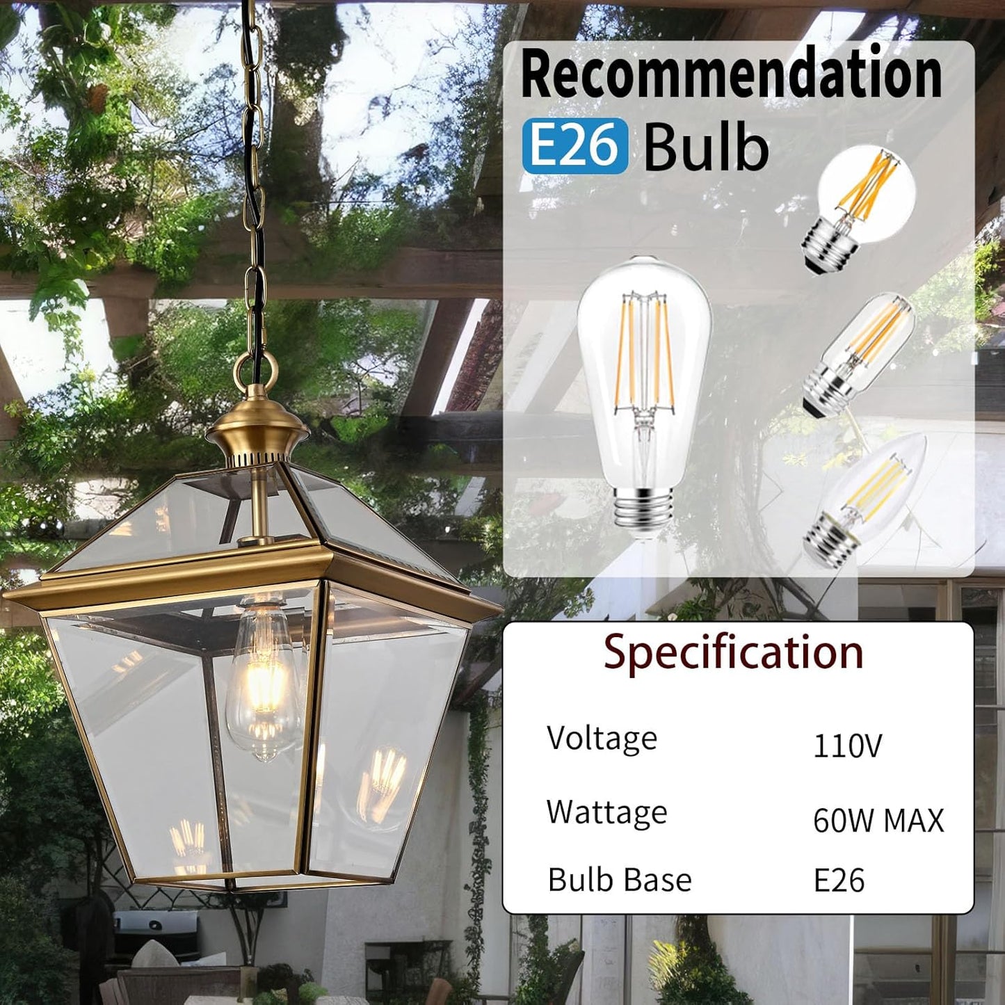 Milaii Copper Brass Outdoor Pendant Light, 16.5" H Large Lantern Hanging Light